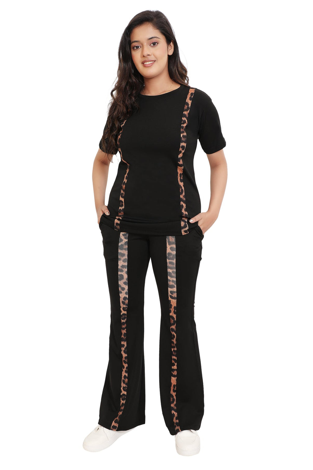 Women's Black Co-ord Set with Leopard Print Side Stripes