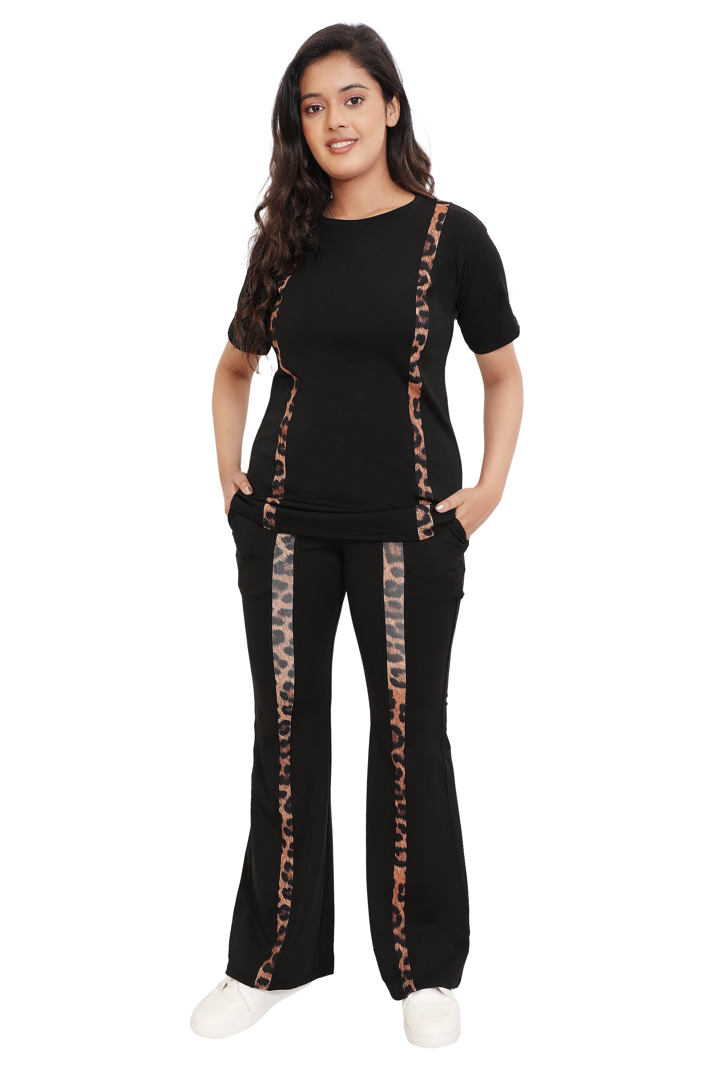 Women's Black Co-ord Set with Leopard Print Side Stripes
