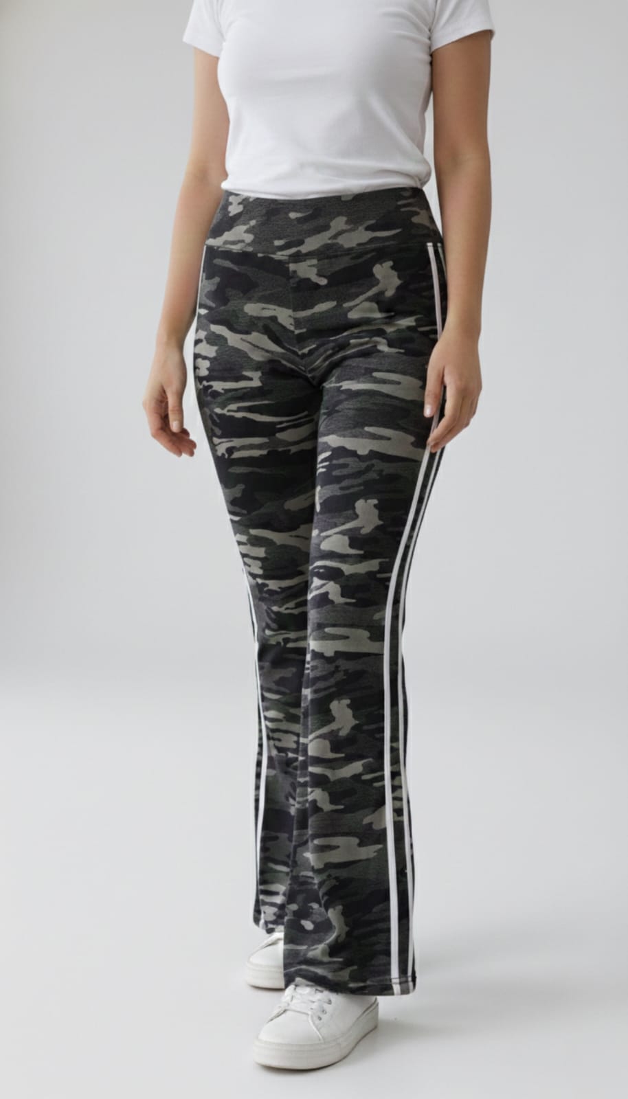 Women’s Camouflage Print DryFit Flared Track Pants With Two Side Stripes – High Waist Breathable Lounge Pants
