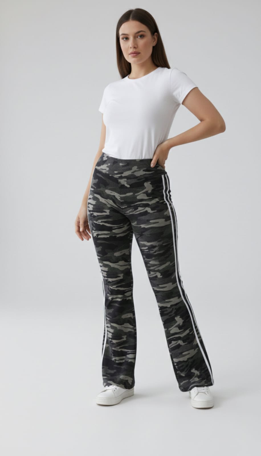Women’s Camouflage Print DryFit Flared Track Pants With Two Side Stripes – High Waist Breathable Lounge Pants