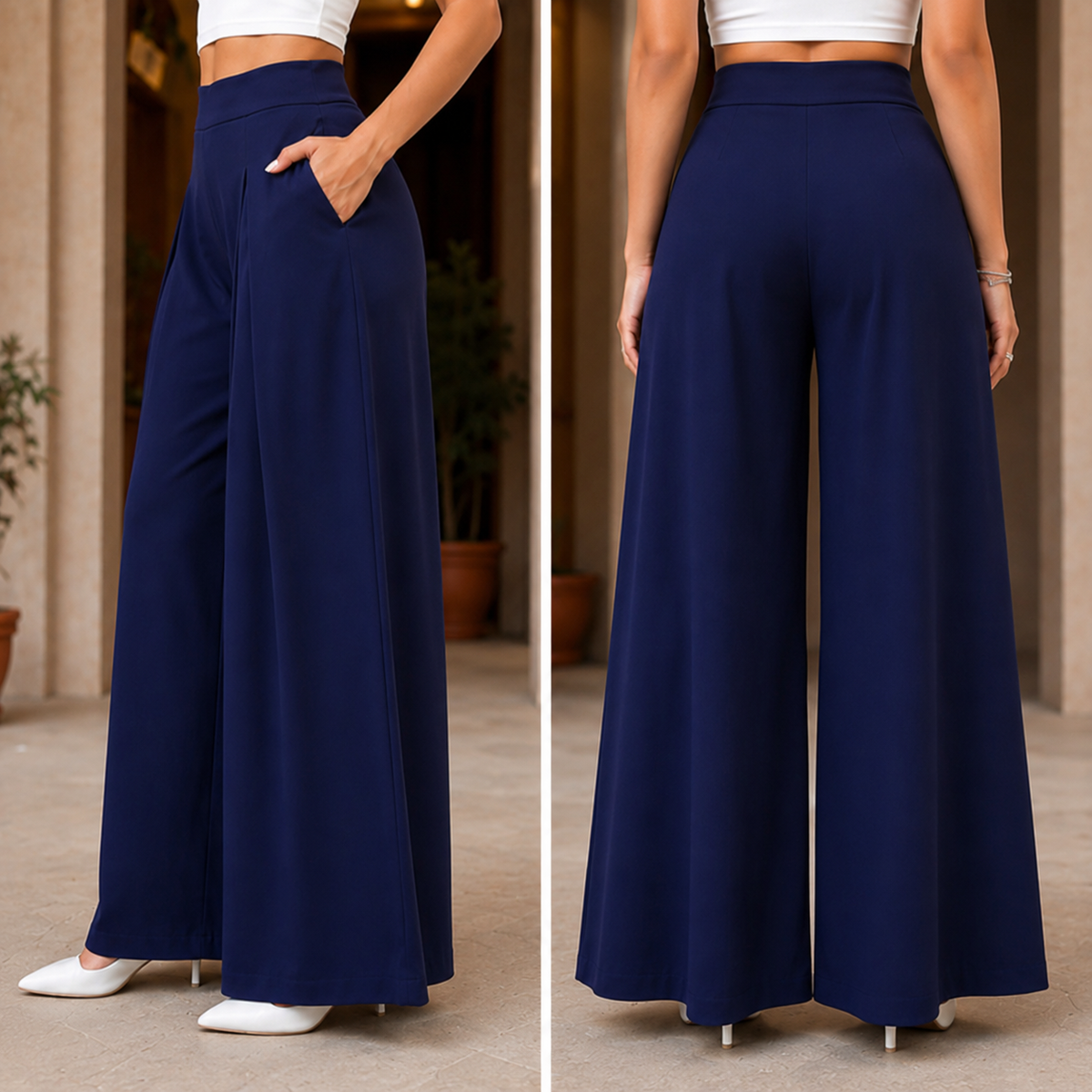 Women's Korean High Waist Pleated Wide Leg Palazzo Pants - Imported Cotton Poly Lycra Stretchable Trousers