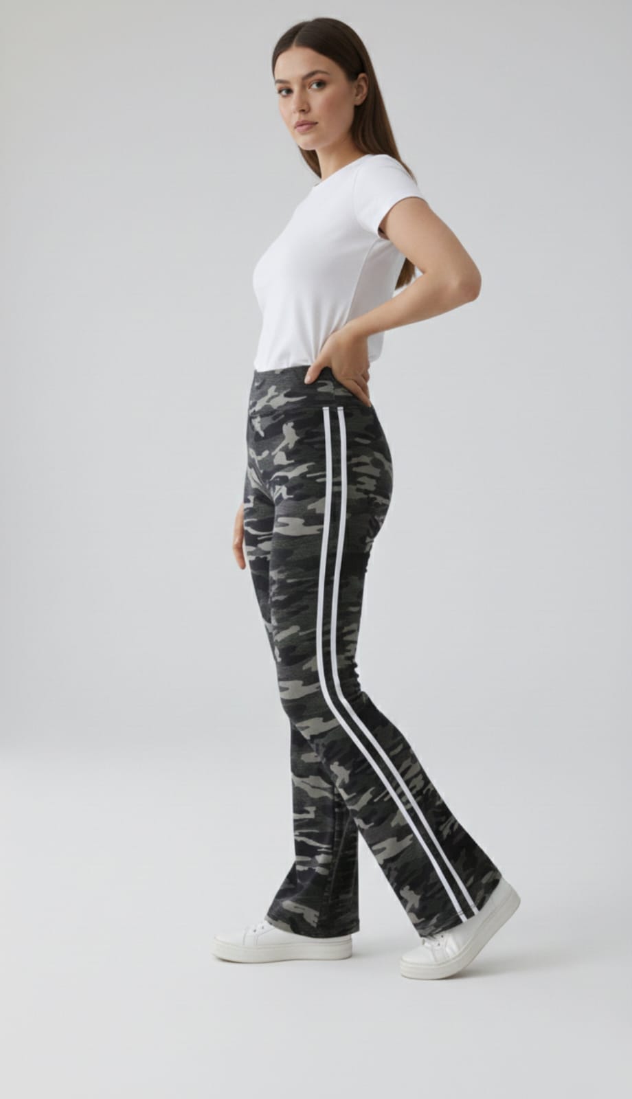 Women’s Camouflage Print DryFit Flared Track Pants With Two Side Stripes – High Waist Breathable Lounge Pants