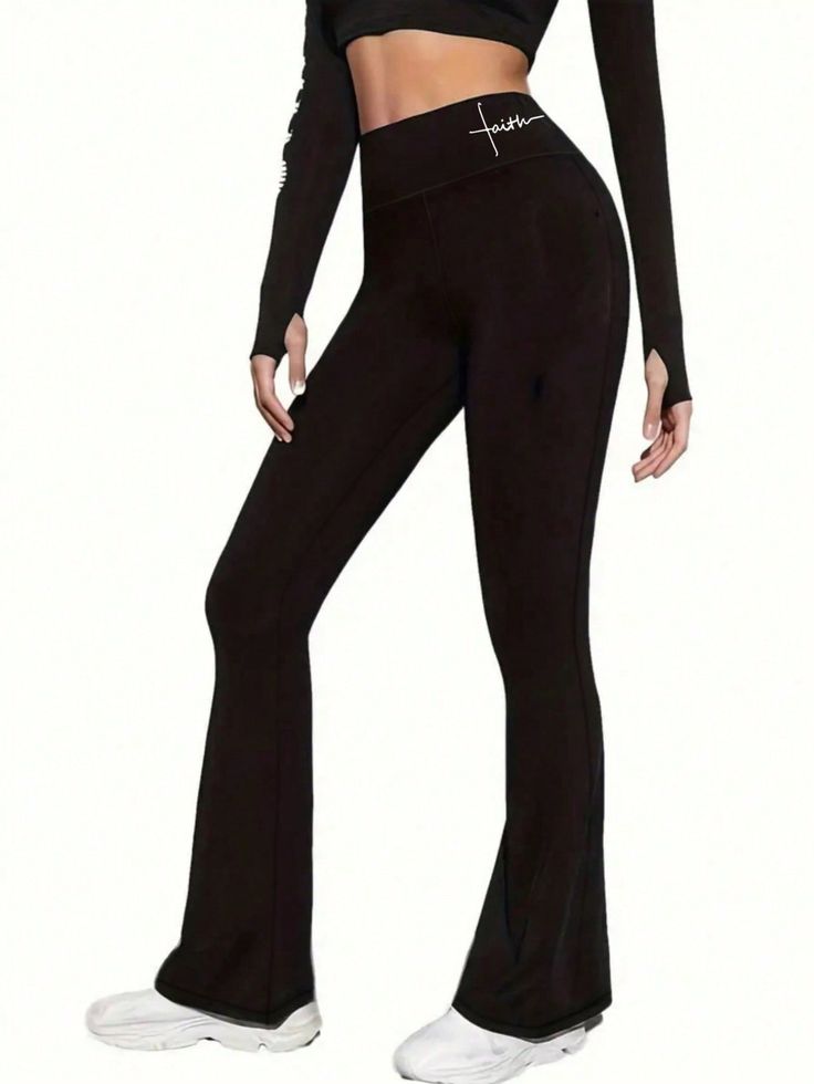 Black High Waist Flare Yoga Pants – “Faith” Print Bootcut Workout Leggings