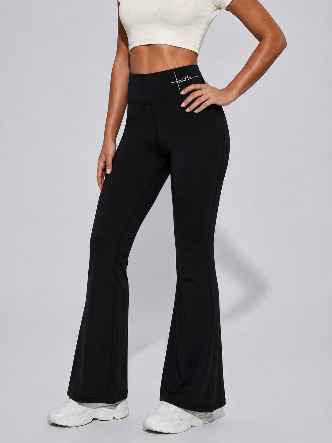 Black High Waist Flare Yoga Pants – “Faith” Print Bootcut Workout Leggings