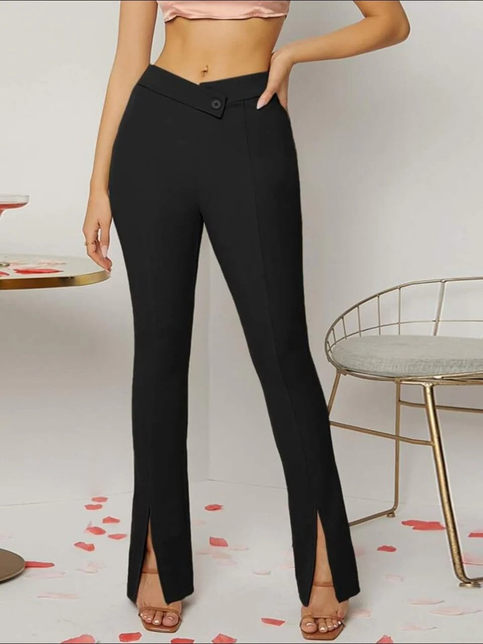 Black High Waist Slit Hem Pants for Women