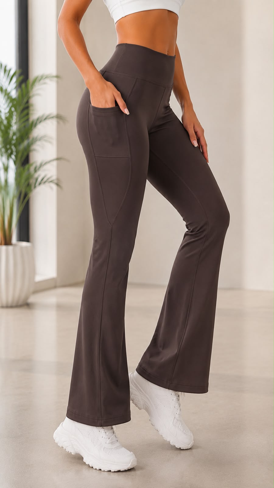 Brownie High Waist Flare Yoga Pants with Side Pockets – Women’s Sculpting Bootcut Leggings