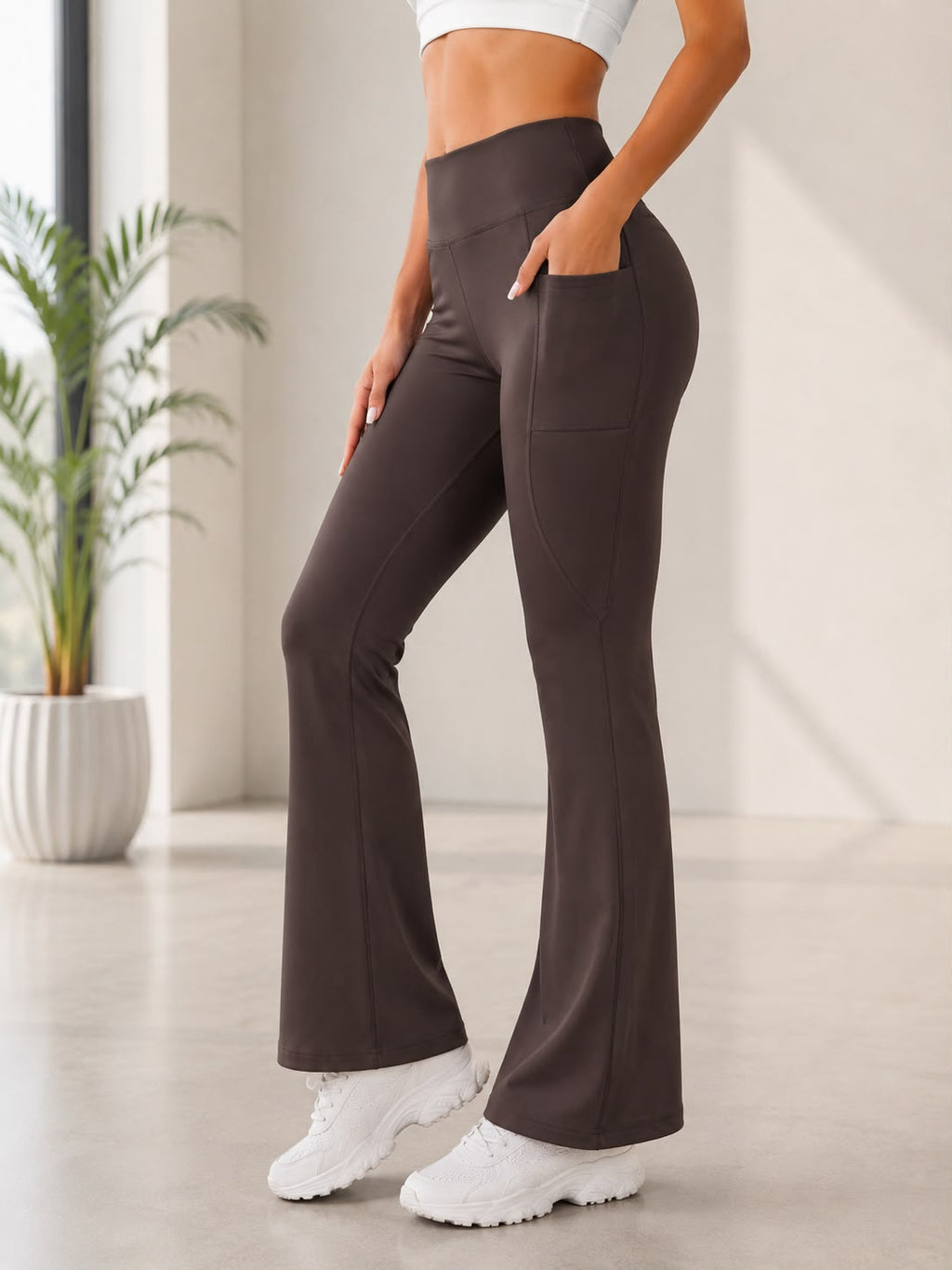 Brownie High Waist Flare Yoga Pants with Side Pockets – Women’s Sculpting Bootcut Leggings