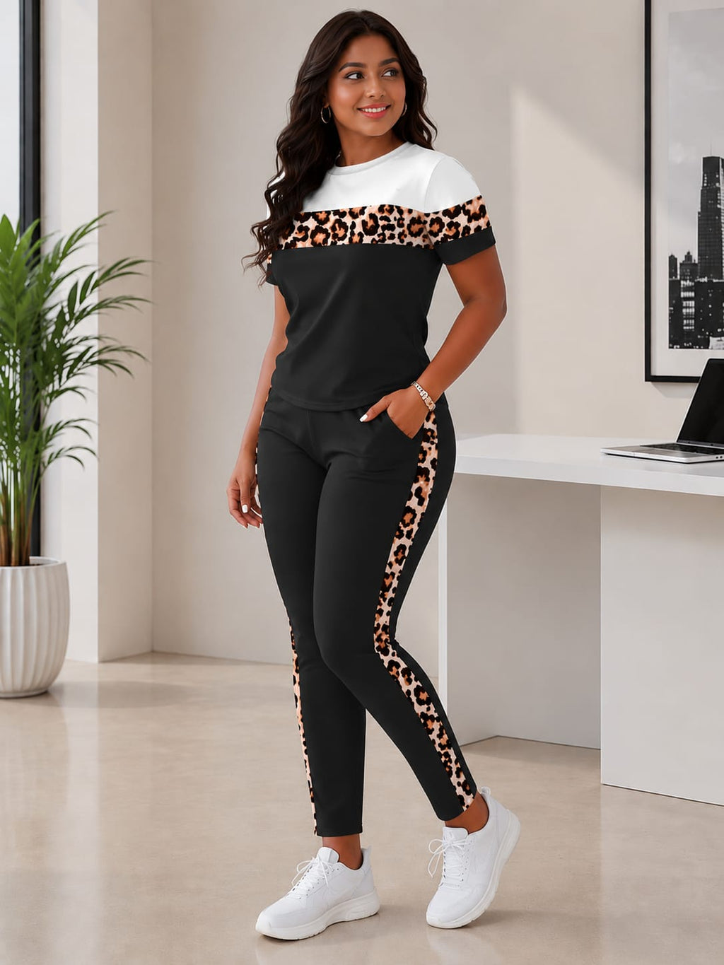 Women’s 2-Piece DryFit Animal Print Colorblock Co-ord Set – Breathable Short Sleeve Top & Leggings Set
