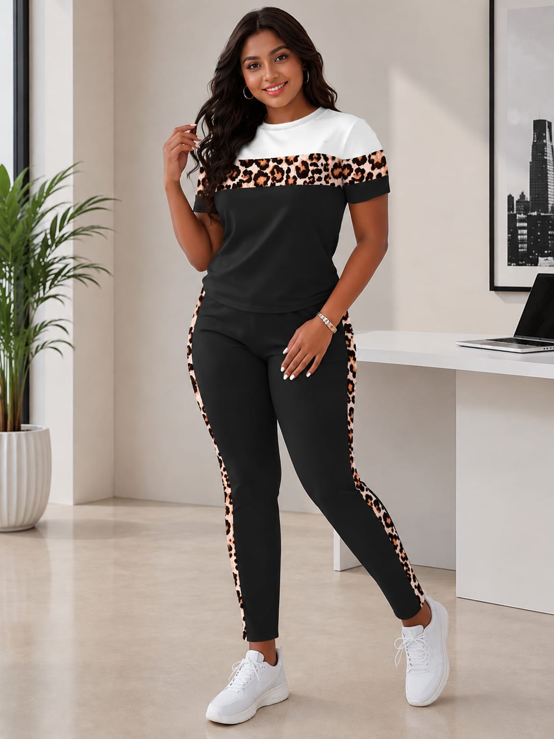 Women’s 2-Piece DryFit Animal Print Colorblock Co-ord Set – Breathable Short Sleeve Top & Leggings Set