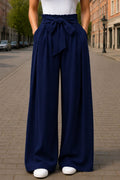 Women's Korean High Waist Wide Leg Palazzo Pants with Bow Knot Belt - Imported Cotton Poly Lycra Stretchable Trousers