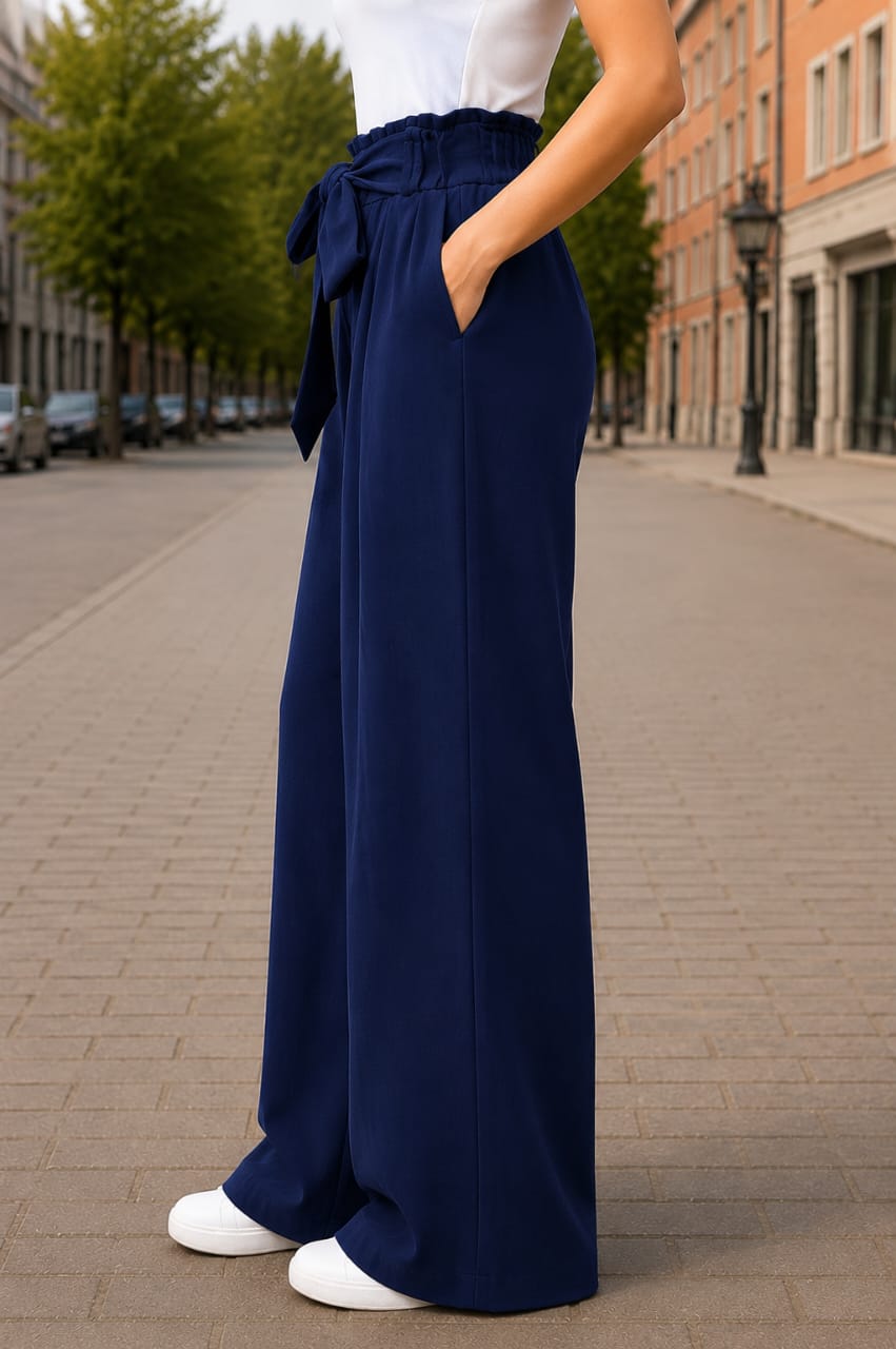 Women's Korean High Waist Wide Leg Palazzo Pants with Bow Knot Belt - Imported Cotton Poly Lycra Stretchable Trousers