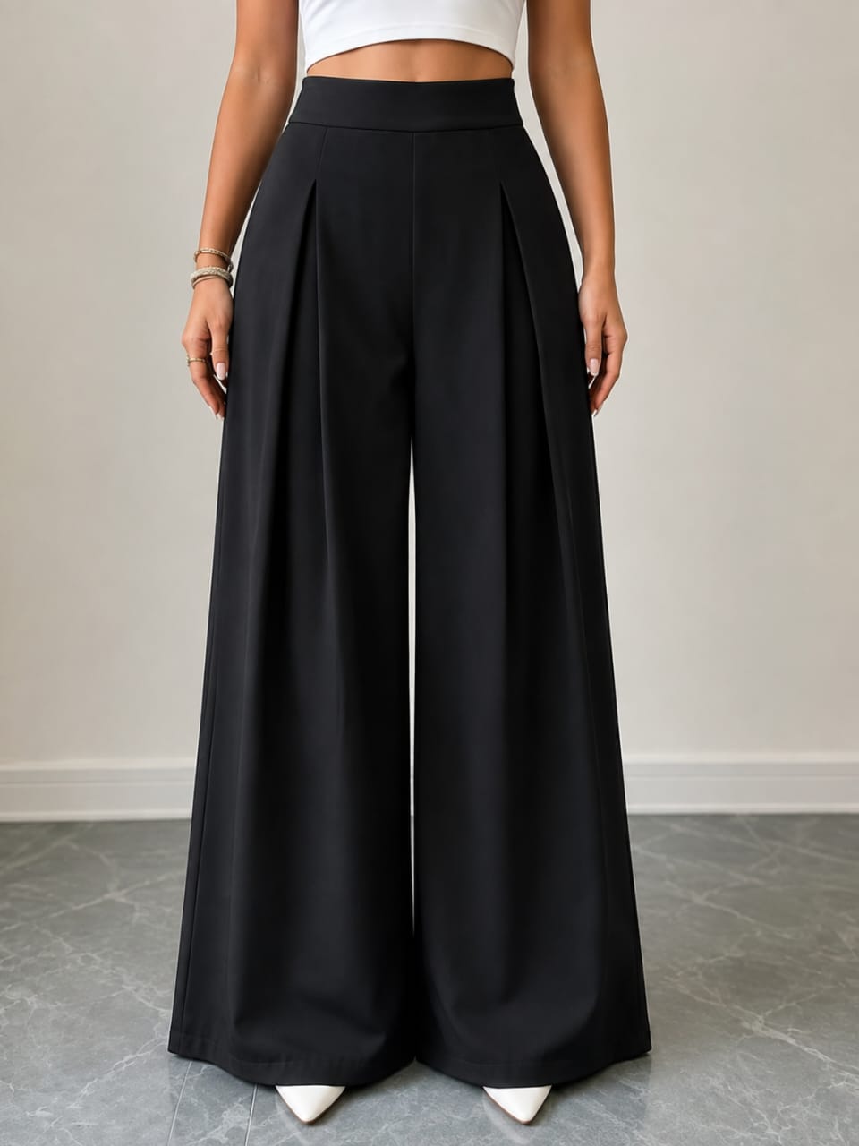 Women's Korean High Waist Pleated Wide Leg Palazzo Pants - Imported Cotton Poly Lycra Stretchable Trousers