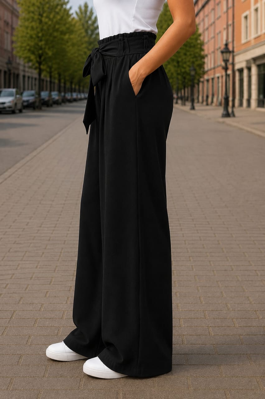 Women's Korean High Waist Wide Leg Palazzo Pants with Bow Knot Belt - Imported Cotton Poly Lycra Stretchable Trousers