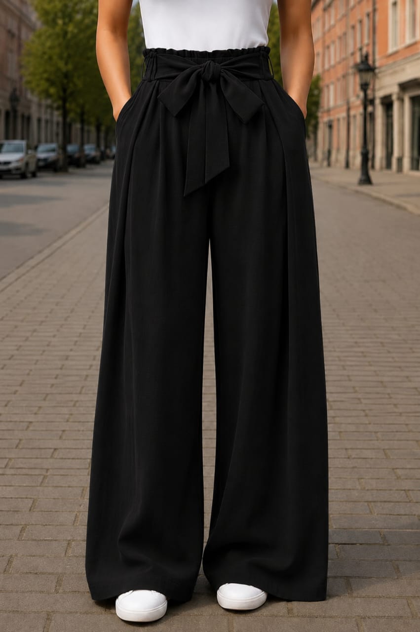 Women's Korean High Waist Wide Leg Palazzo Pants with Bow Knot Belt - Imported Cotton Poly Lycra Stretchable Trousers