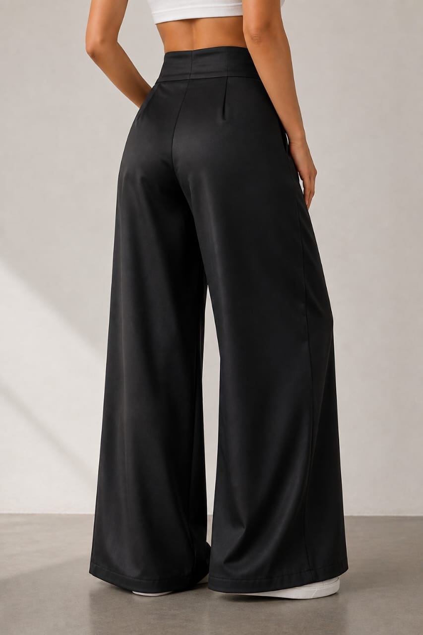 Women's Korean High Waist 2 Button Wide Leg Trousers - Imported Cotton Poly Lycra Stretchable Formal Pants