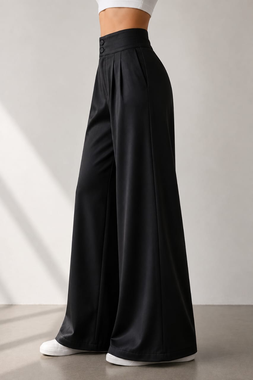 Women's Korean High Waist 2 Button Wide Leg Trousers - Imported Cotton Poly Lycra Stretchable Formal Pants