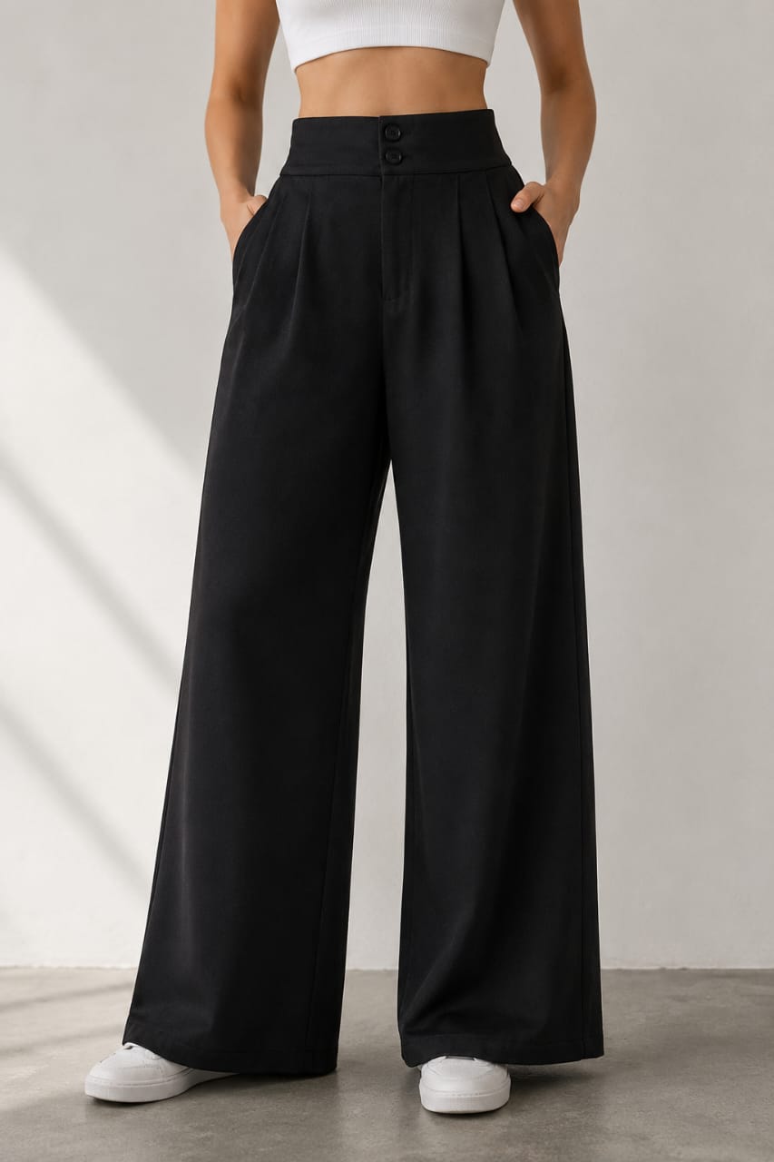 Women's Korean High Waist 2 Button Wide Leg Trousers - Imported Cotton Poly Lycra Stretchable Formal Pants