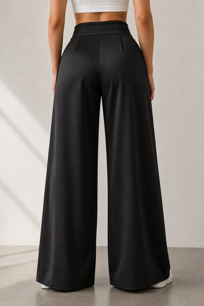 Women's Korean High Waist 2 Button Wide Leg Trousers - Imported Cotton Poly Lycra Stretchable Formal Pants