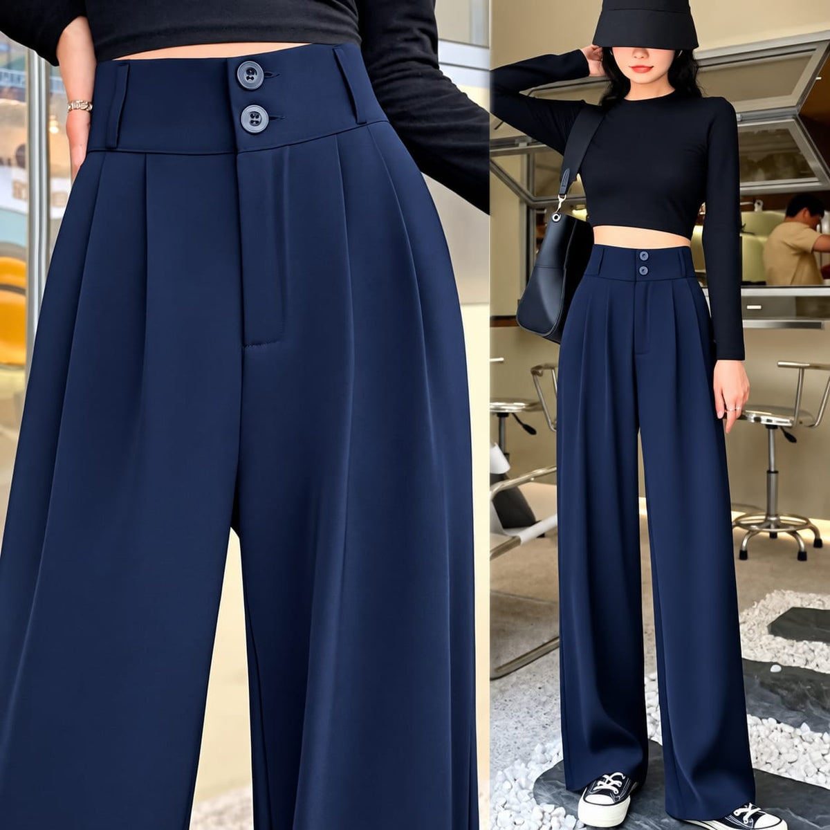 Women's Korean High Waist 2 Button Wide Leg Trousers - Imported Cotton Poly Lycra Stretchable Formal Pants