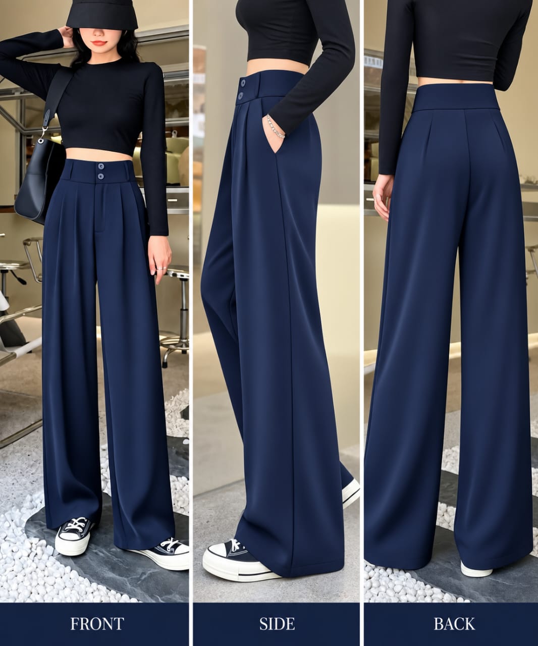 Women's Korean High Waist 2 Button Wide Leg Trousers - Imported Cotton Poly Lycra Stretchable Formal Pants