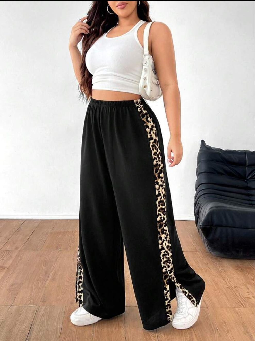 Black Wide Leg Pants with Tiger Print Side Stripe – Women’s Plus Size Side Slit Lounge Trousers