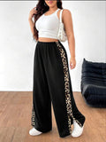 Black Wide Leg Pants with Tiger Print Side Stripe – Women’s Plus Size Side Slit Lounge Trousers