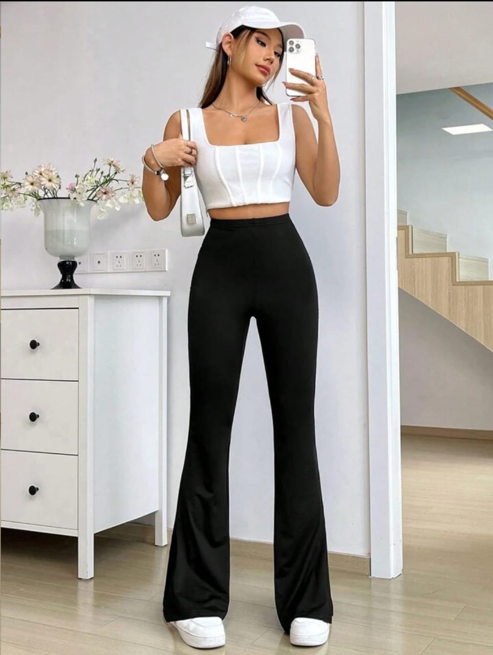 Solid Color Elastic High Waist Flared Black Yoga Sports Pants, Casual Wear Trousers, Slide Slit