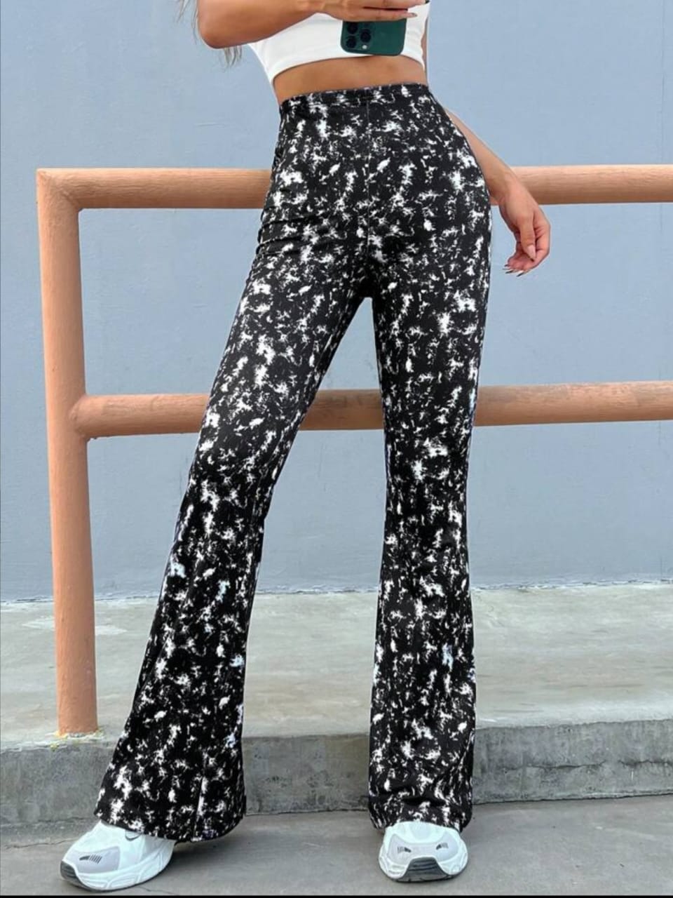 Women's Elegant Slim-Fit Black white Tie-Dye Flared Pants