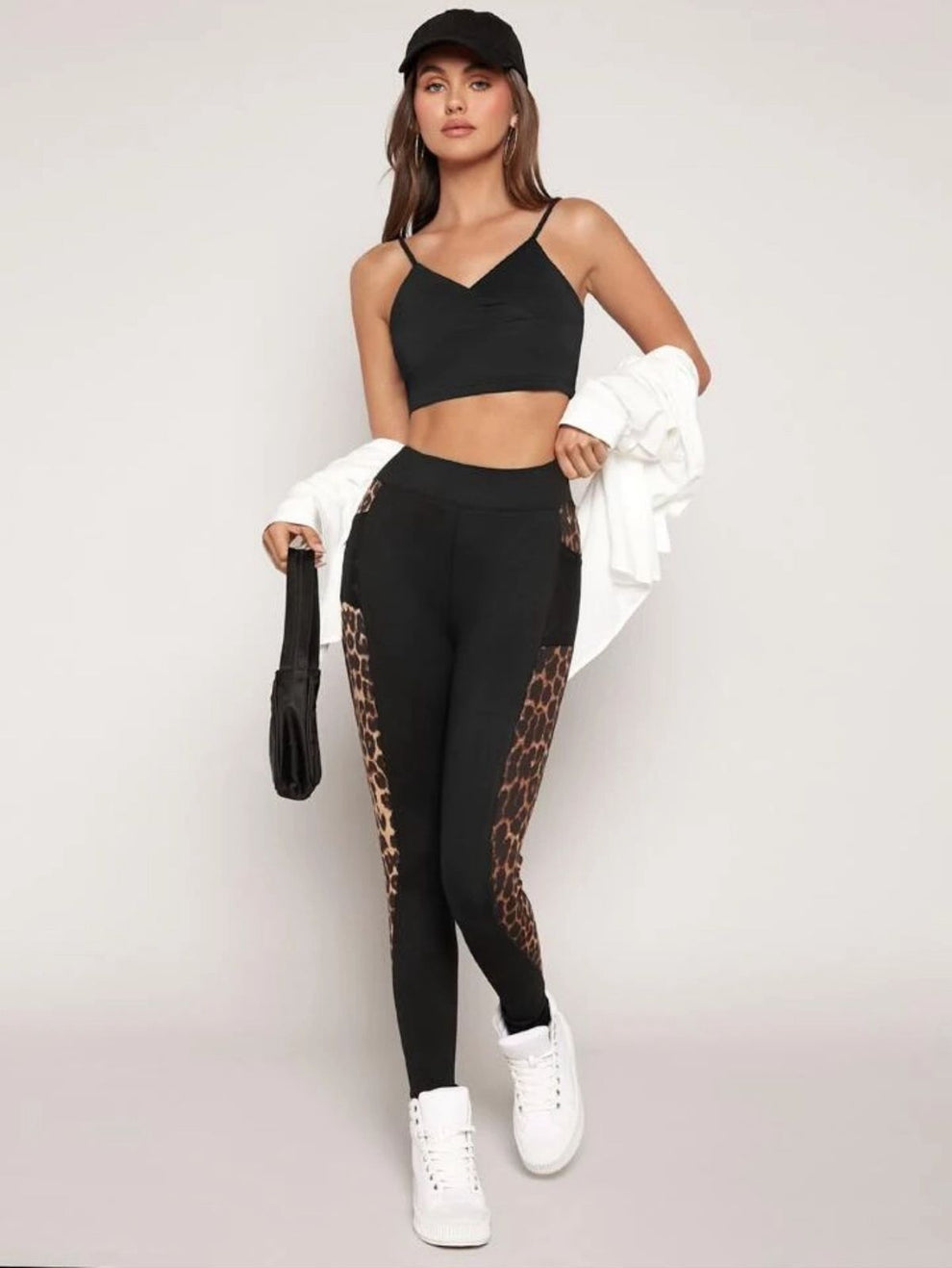 Black High Waist Leggings With Leopard Panel and Mesh Side Pocket