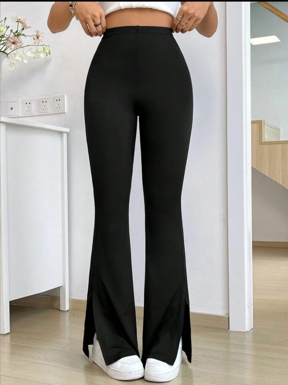 Solid Color Elastic High Waist Flared Black Yoga Sports Pants, Casual Wear Trousers, Slide Slit