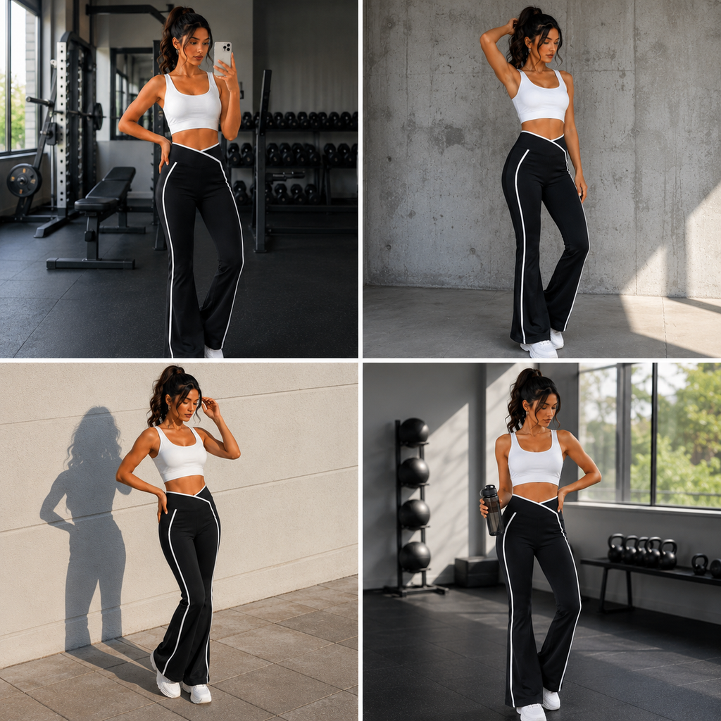 V-Cross Waist Flare Pants with White Piping – Women’s High Waist Athletic Yoga Trousers