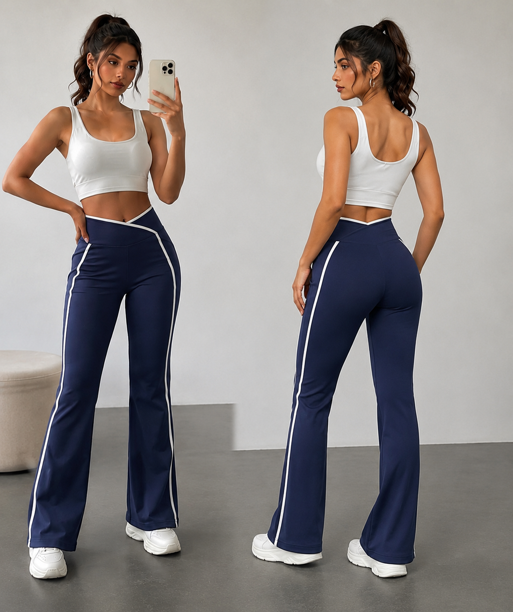 V-Cross Waist Flare Pants with White Piping – Women’s High Waist Athletic Yoga Trousers