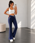 V-Cross Waist Flare Pants with White Piping – Women’s High Waist Athletic Yoga Trousers