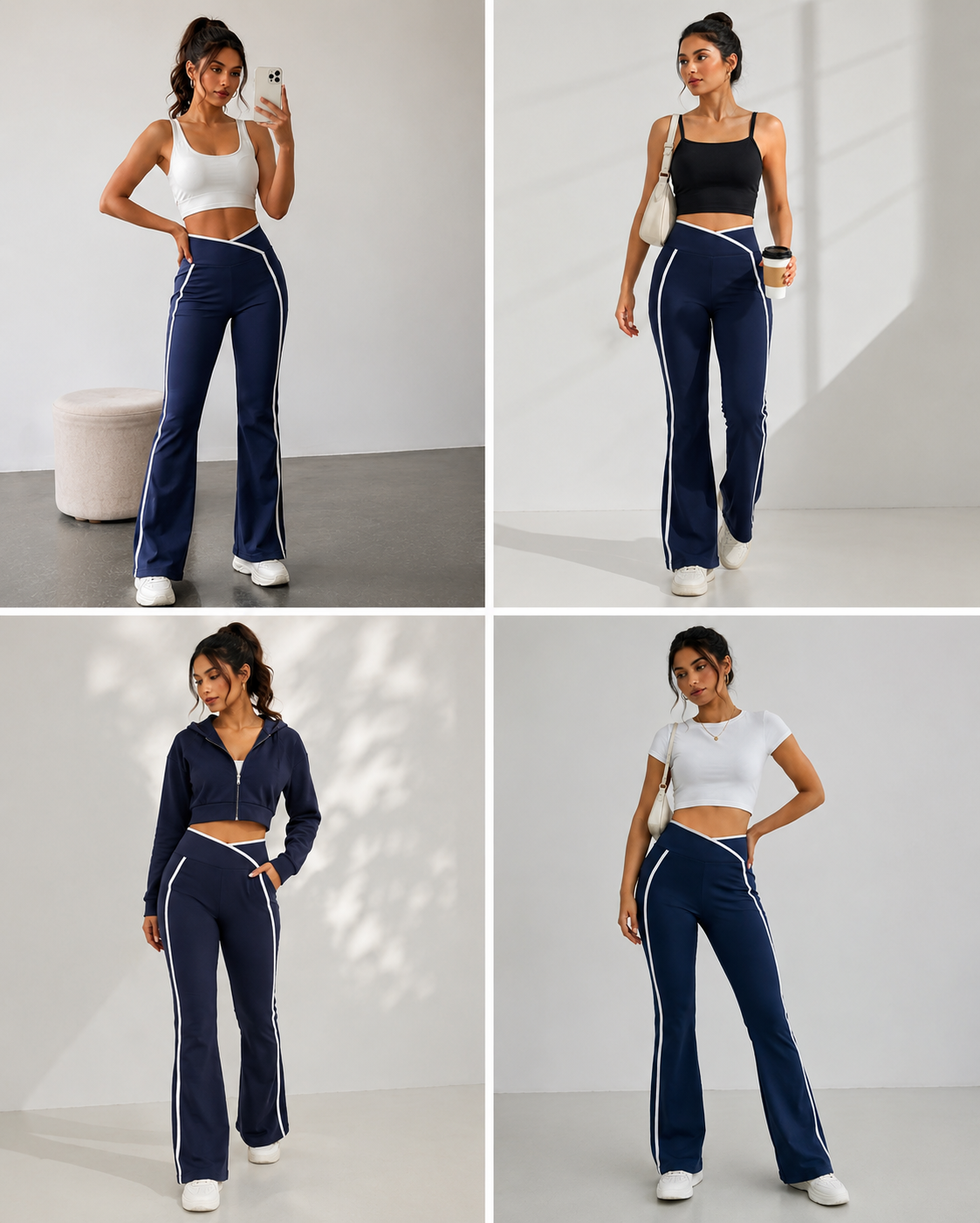 V-Cross Waist Flare Pants with White Piping – Women’s High Waist Athletic Yoga Trousers