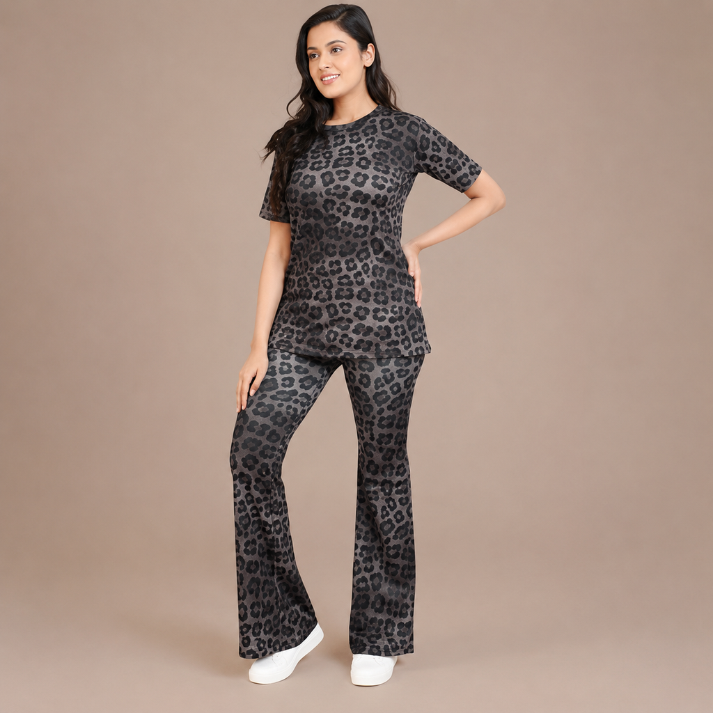 Women’s 2-Piece Black Leopard Print DryFit Co-ord Set – Breathable Short Sleeve Top & Flared Track Pants