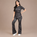 Women’s 2-Piece Black Leopard Print DryFit Co-ord Set – Breathable Short Sleeve Top & Flared Track Pants