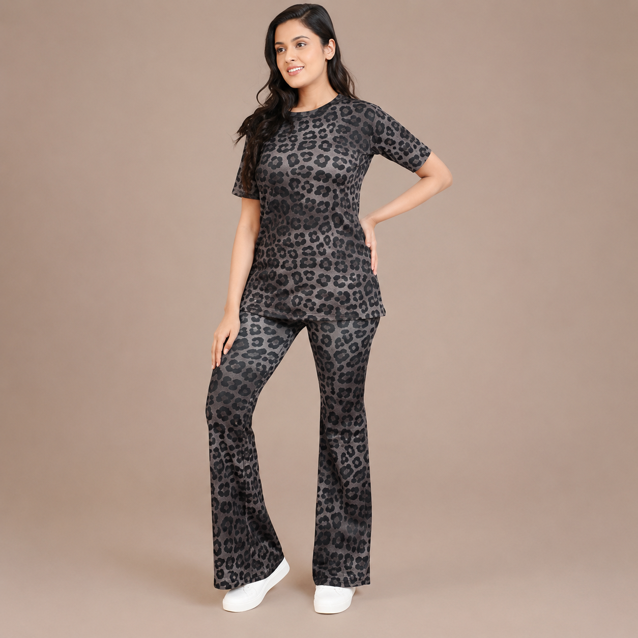 Women’s 2-Piece Black Leopard Print DryFit Co-ord Set – Breathable Short Sleeve Top & Flared Track Pants