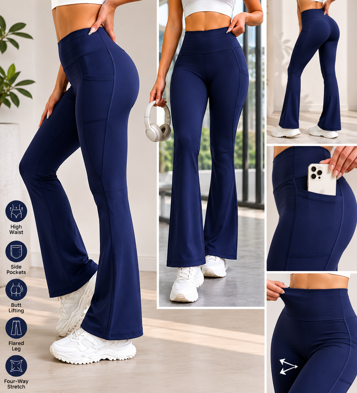 Navy High Waist Flare Yoga Pants with Side Pockets