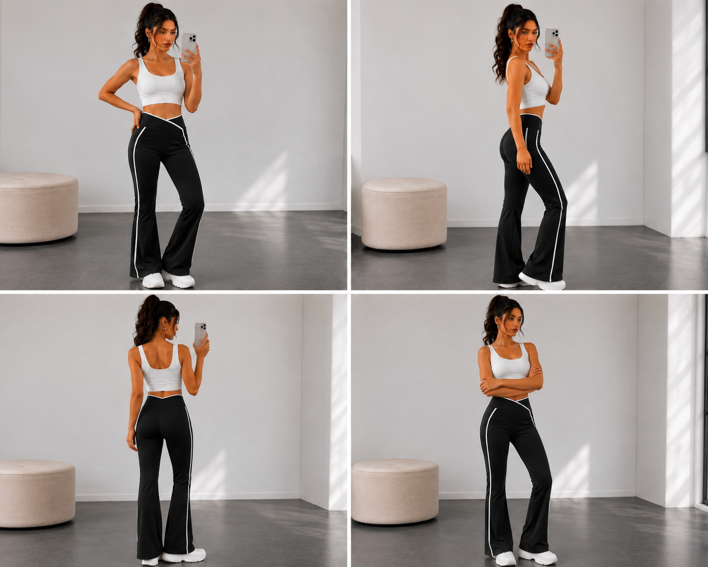 V-Cross Waist Flare Pants with White Piping – Women’s High Waist Athletic Yoga Trousers