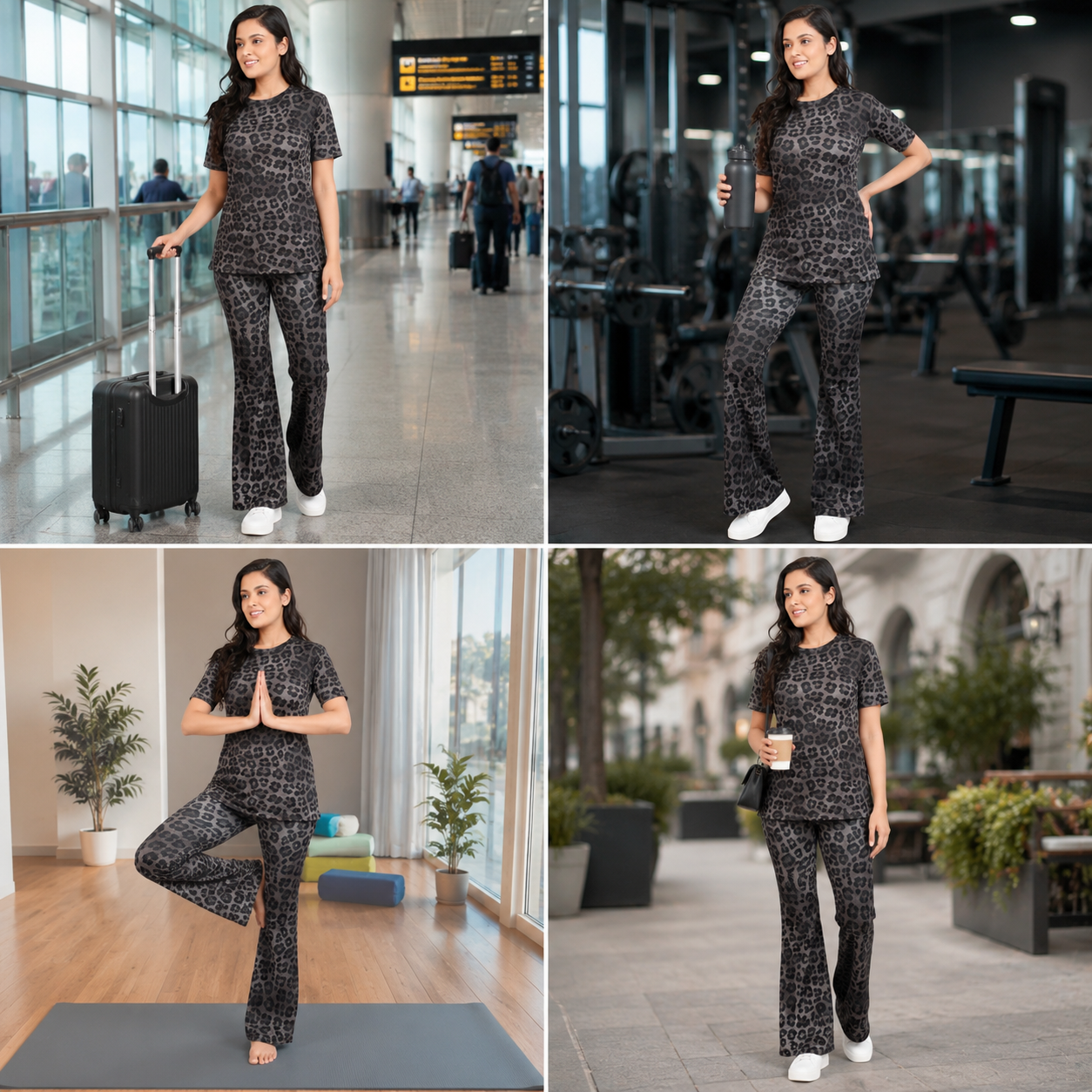 Women’s 2-Piece Black Leopard Print DryFit Co-ord Set – Breathable Short Sleeve Top & Flared Track Pants