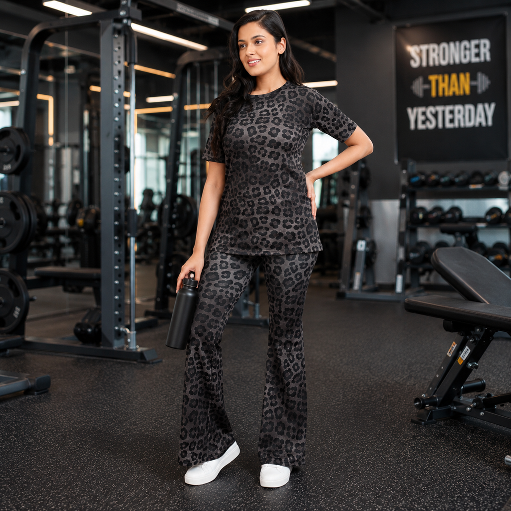 Women’s 2-Piece Black Leopard Print DryFit Co-ord Set – Breathable Short Sleeve Top & Flared Track Pants