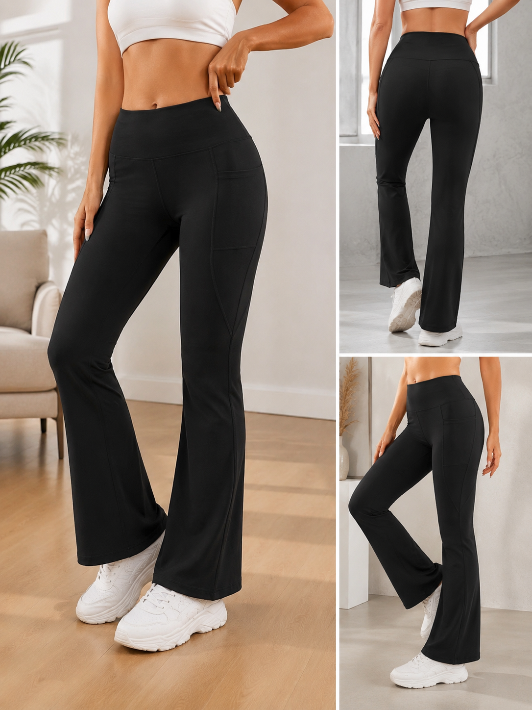 High Waisted Flare Yoga Pants with Pockets – Black Bootcut Athleisure Leggings for Women