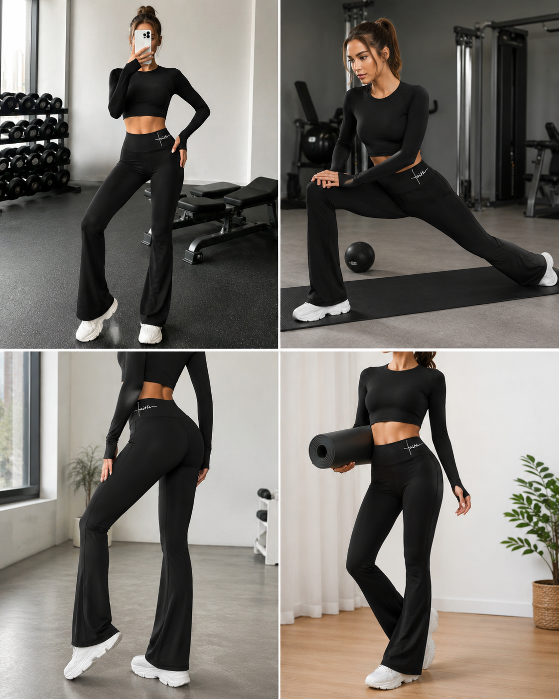 Black High Waist Flare Yoga Pants – “Faith” Print Bootcut Workout Leggings