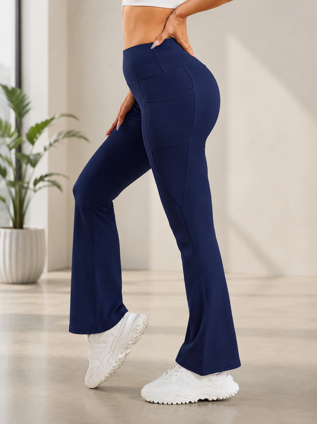 Navy High Waist Flare Yoga Pants with Side Pockets