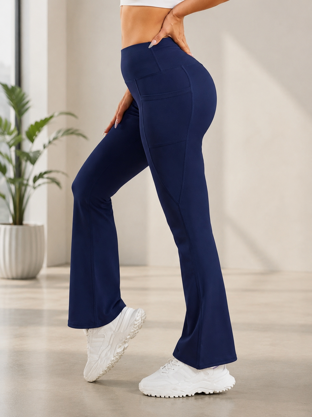 Navy High Waist Flare Yoga Pants with Side Pockets