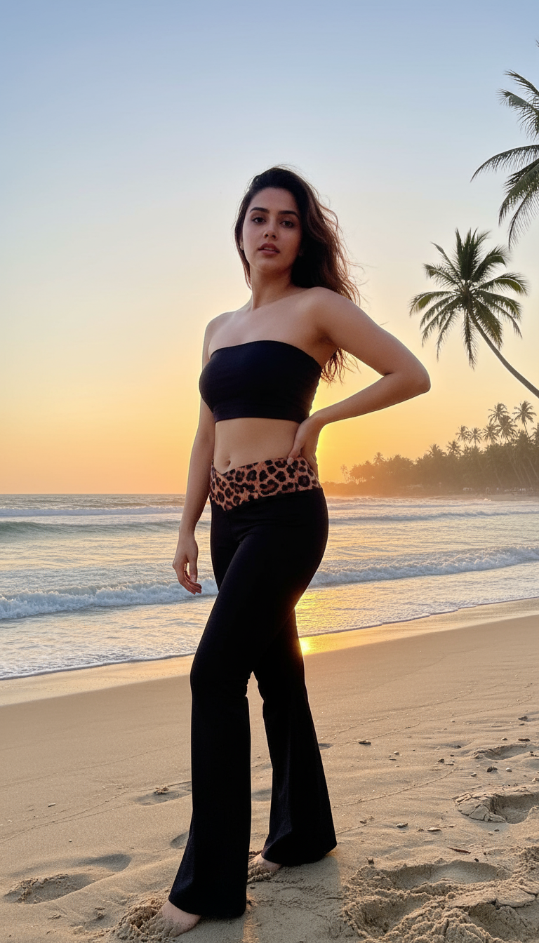 Trendy Black Flare Pants with Leopard Print Cross Waistband
