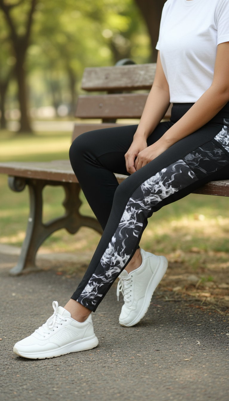 Marble Effect Active Leggings With Side Net Mobile Pocket