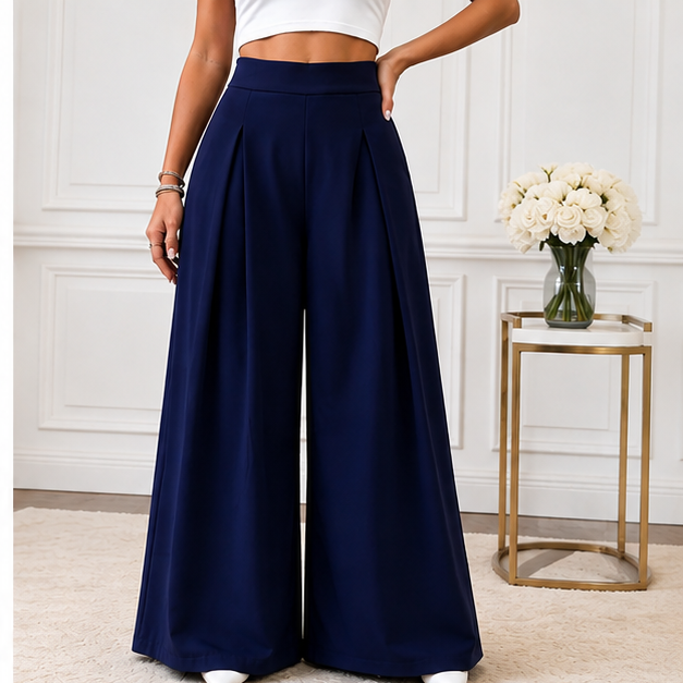 Women's Korean High Waist Pleated Wide Leg Palazzo Pants - Imported Cotton Poly Lycra Stretchable Trousers