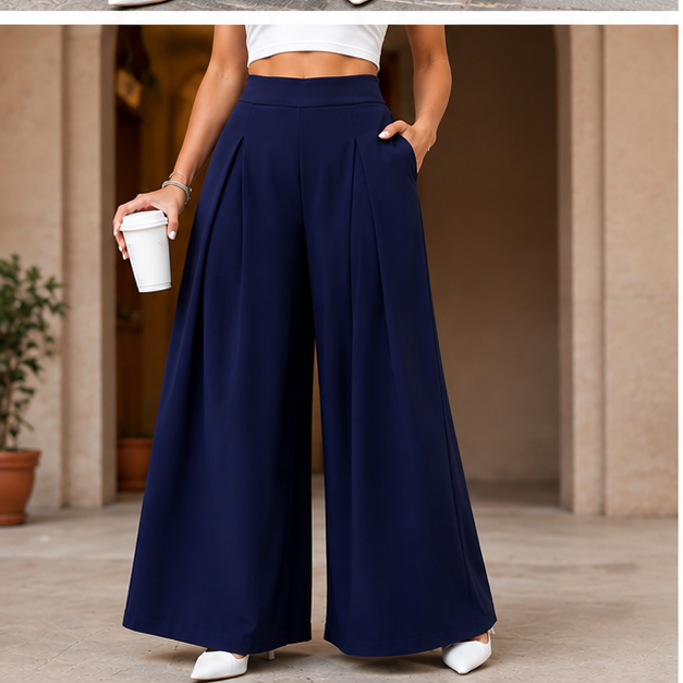 Women's Korean High Waist Pleated Wide Leg Palazzo Pants - Imported Cotton Poly Lycra Stretchable Trousers